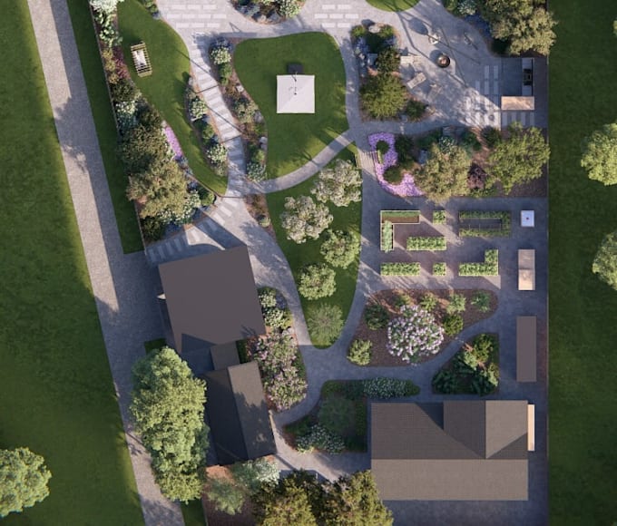 render proposed landscape surroundings, site layout design,garden outdoor visual