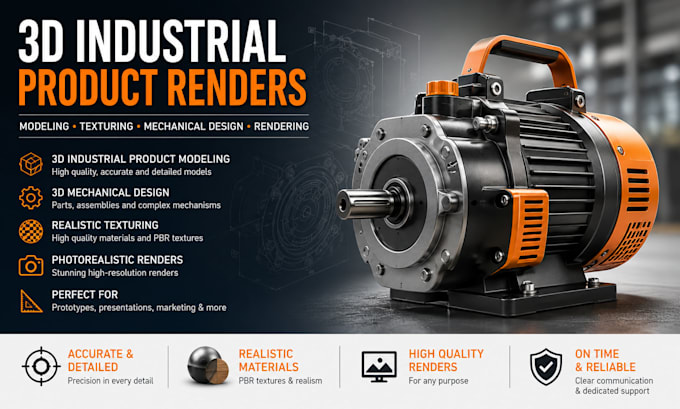 do 3d industrial product renders, texturing 3d mechanical design 3d modelling