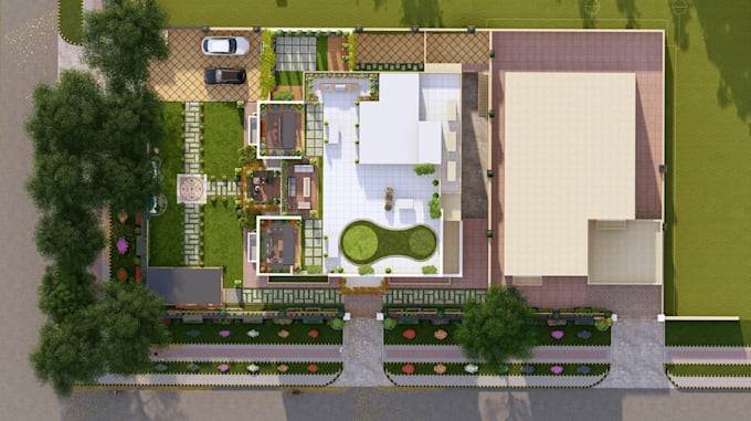 recreate 3d site layout plan,luxury villa design, outdoor lounge,top down render