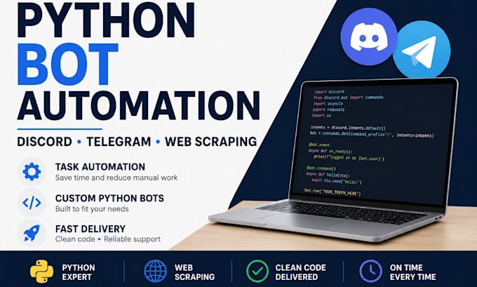 create python automation bots, web scraping and discord telegram bots