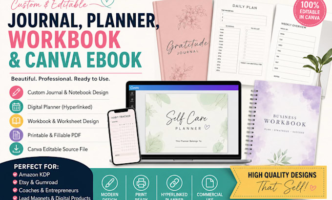 do journal design, digital planner, workbook, canva journal and ebook, notebook