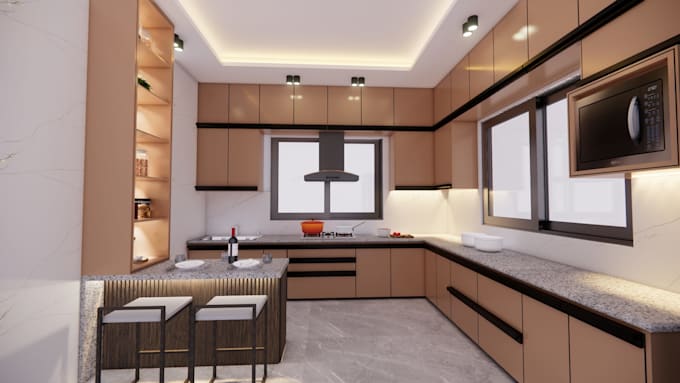design a modern modular kitchen with 2d and 3d