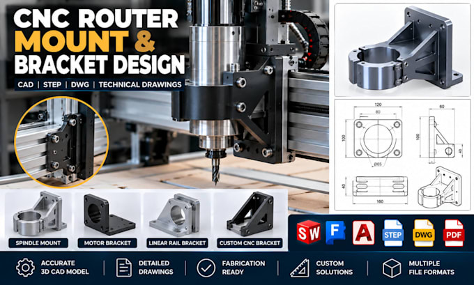 do cnc router mounts ,machine brackets , cad step dwg technical drawings