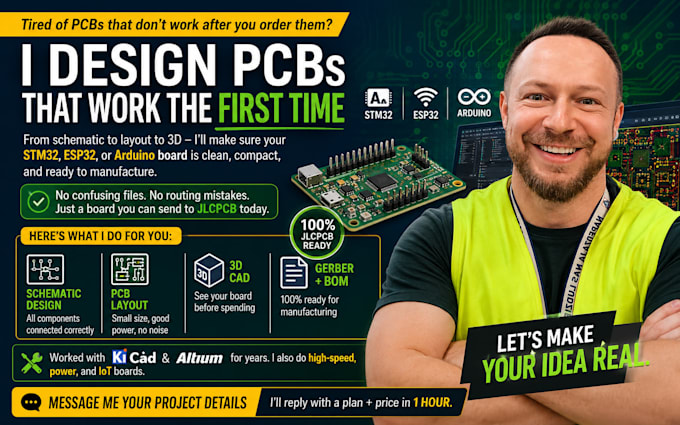 do pcb design, schematic, layout and 3d cad for stm32 esp32 arduino