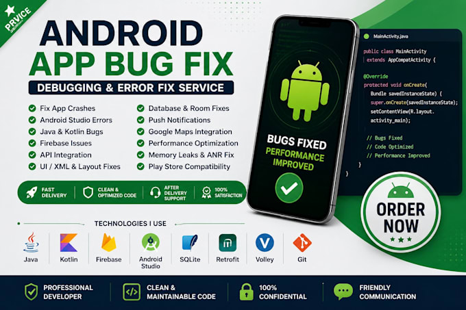 fix android app bugs crashes java kotlin firebase API android studio