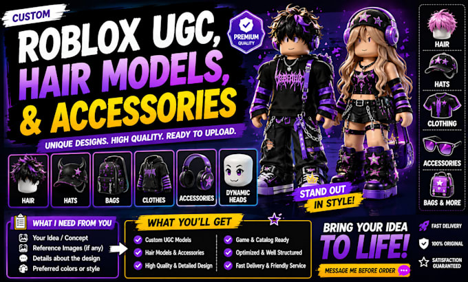 design custom roblox ugc, hair models, and accessories