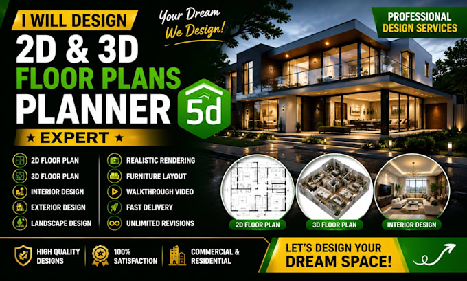 design 2d floor plan, 3d interior, exterior and landscape in planner 5d