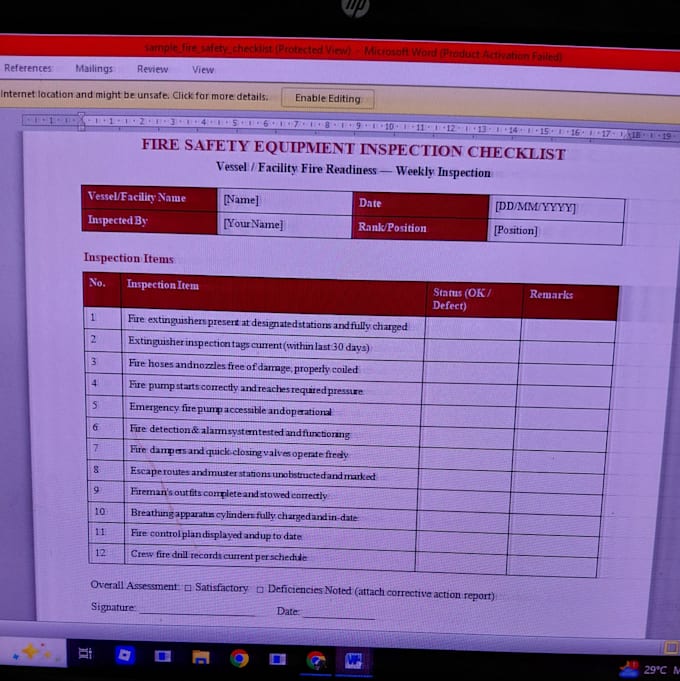 create fire and marine safety procedures and checklists