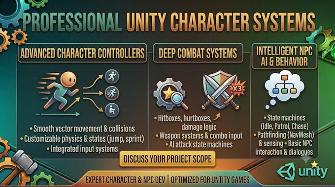 develop unity character controllers combat systems and npc systems