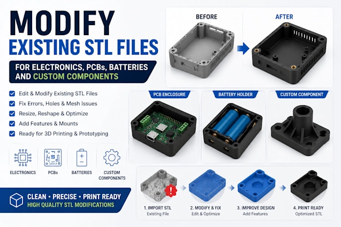 modify existing stl files for electronics, pcbs, batteries and custom component