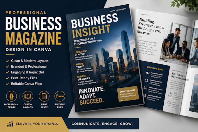 design a professional business magazine in canva