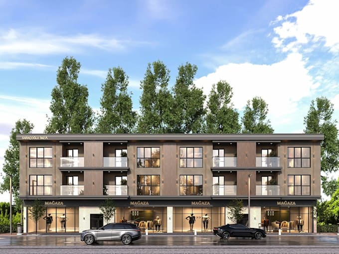 render 3d apartment house, mixed use exterior, commercial building visualization