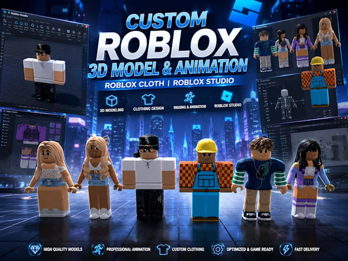 create custom roblox 3d models, animation, and roblox cloth, roblox studio