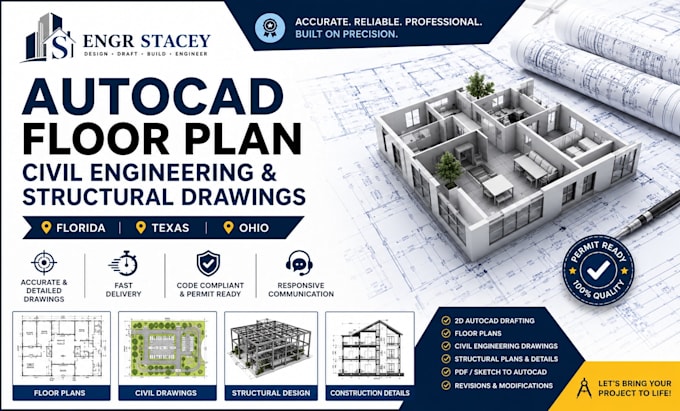 do autocad, floor plan, civil engineering structural drawings, florida, tx, oh