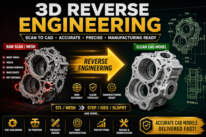 create accurate 3d reverse engineering, cad modeling, stl to step conversion