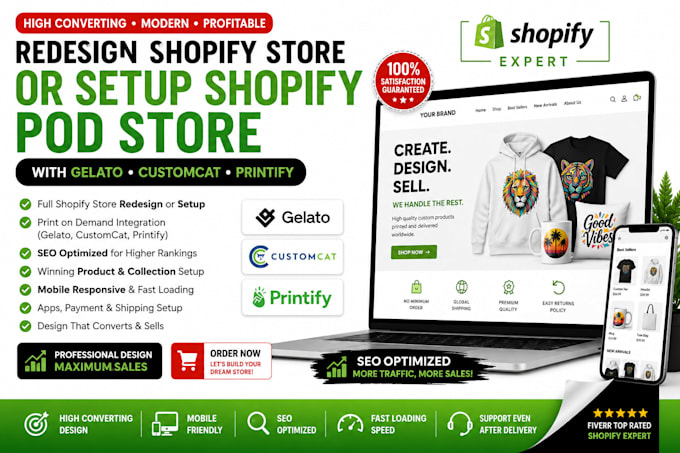 redesign shopify store or setup shopify pod store with gelato customcat printify