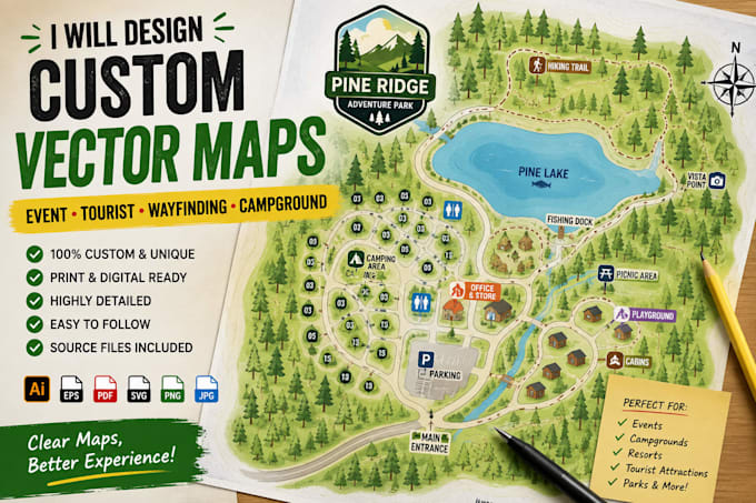 design custom vector map, event, tourist, wayfinding and campground