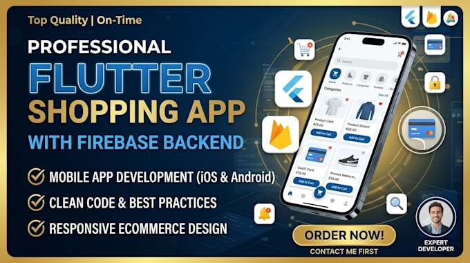 develop a professional flutter shopping app with firebase backend