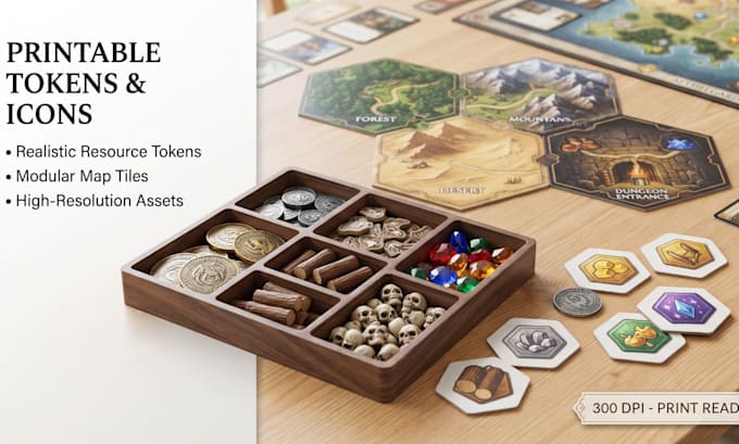 design board game tokens, resource icons, and map tiles, mechanics game