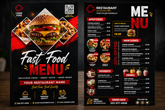 design fast food menu, restaurant menu, canva editable menu