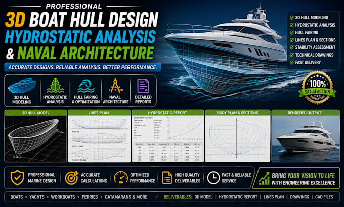 design 3d boat hull, hydrostatic analysis and naval architecture