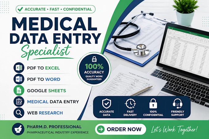 do medical data entry, PDF to excel, google sheets and web research