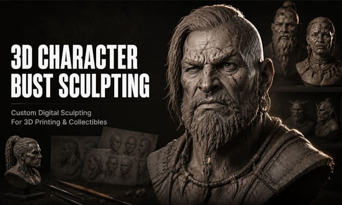 sculpt a realistic 3d character bust or portrait for 3d printing rendering
