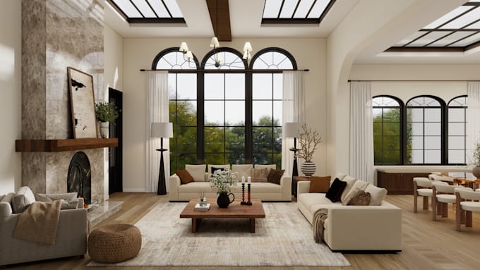 do 3d interior design for living room, kitchen, bathroom, dining, bedroom