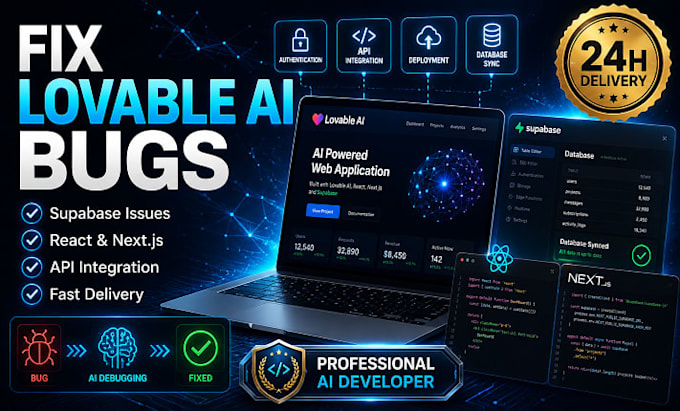 fix lovable ai bugs, supabase issues, react and nextjs apps, API integration