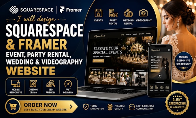 design event party rental wedding  framer videography pixel squarespace website