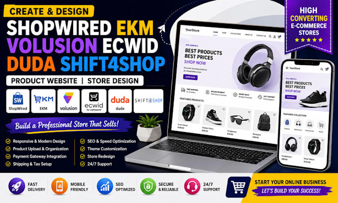 create shopwired ekm volusion ecwid duda shift4shop product website store design