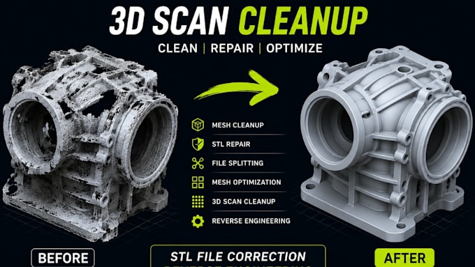 do 3d scan cleanup, fix mesh, repair 3d models, stl file for 3d printing