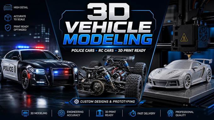 do 3d car modeling, 3d car, police car, rc car, blender car for 3d printing