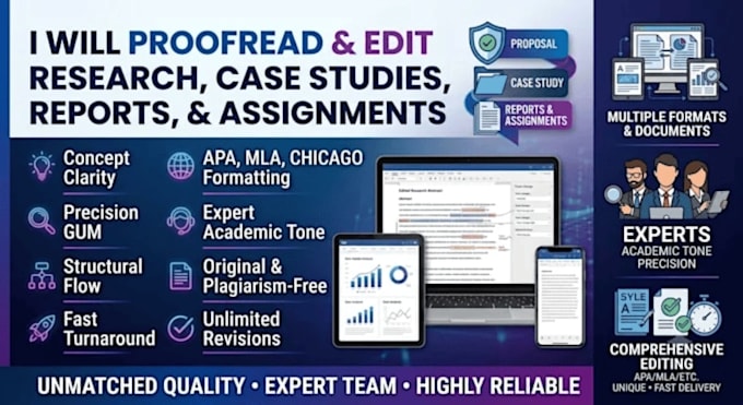 proofread and edit research proposal, case study analysis, assignment, reports