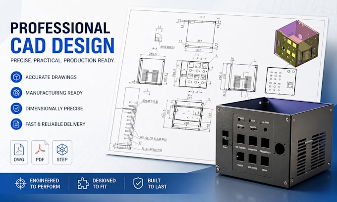 design custom pcb case, cad product enclosure, assembly technical drawing