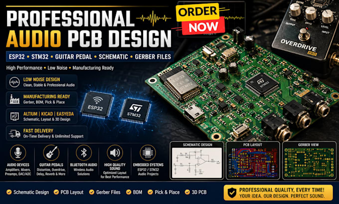 do audio device pcb design esp32 guitar pedal schematic smt32 gerber file layout