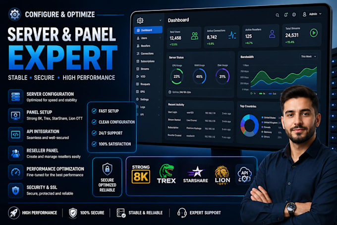configure and optimize iptv server, strong 8k, trex, starshare, lion ott, api