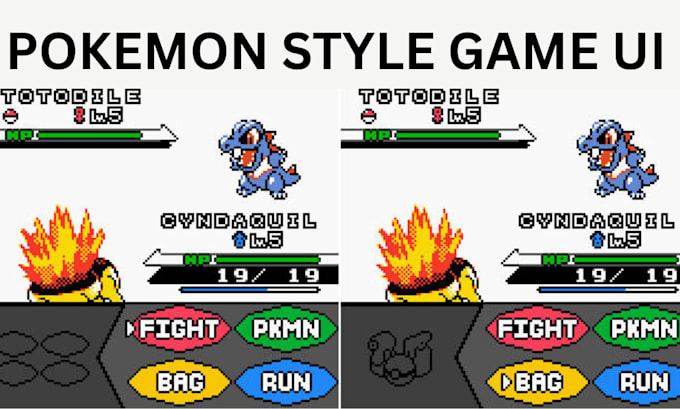 design pokémon style game UI, battle hud, pixel interface and rpg menu