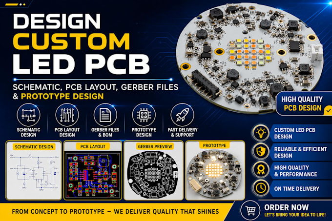 design custom led pcb, schematic, pcb layout, gerber files and prototype design