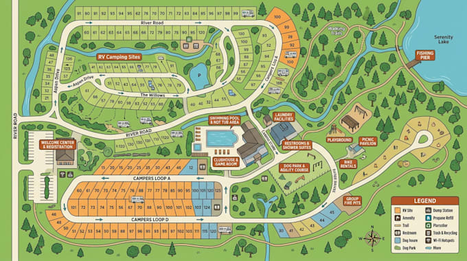 design tourist map, location map, rv park map, cartography map
