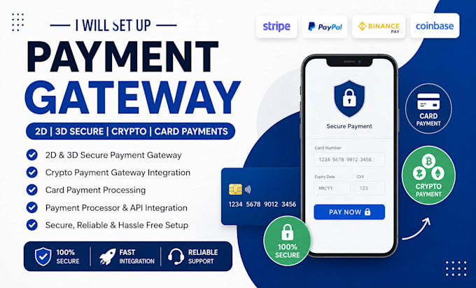 set up 2d, 3d payment gateway, crypto payment payment processor card payment