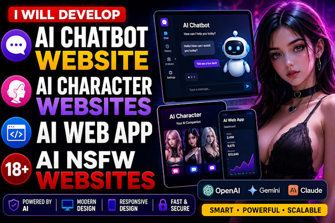 develop ai chatbot website, ai character websites, ai web app, ai nsfw websites