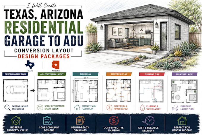 create texas arizona residential garage to adu conversion layout design packages