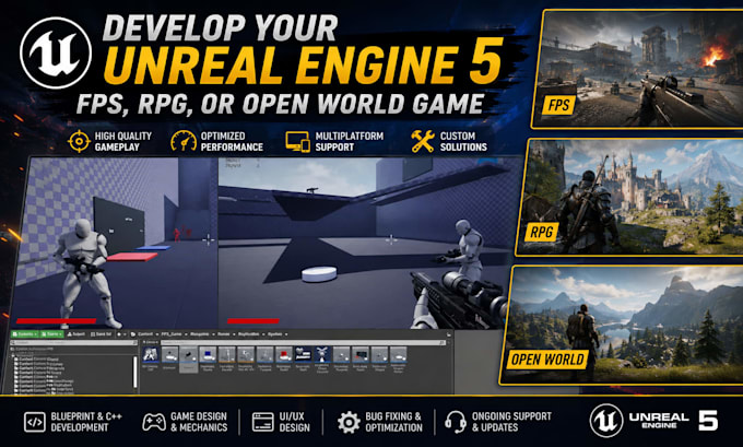 develop unreal engine 5 multiplayer pvp fps, rpg, survival, open world games,