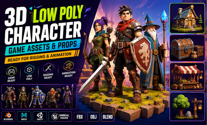 create 3d lowpoly character game assets props ready for rigging and animation