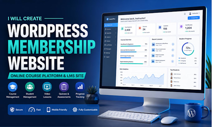 create wordpress memebership website online course platform and lms site