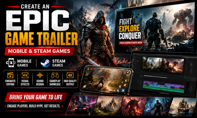 create game trailer for a mobile and steam game, steam game and ai movie trailer