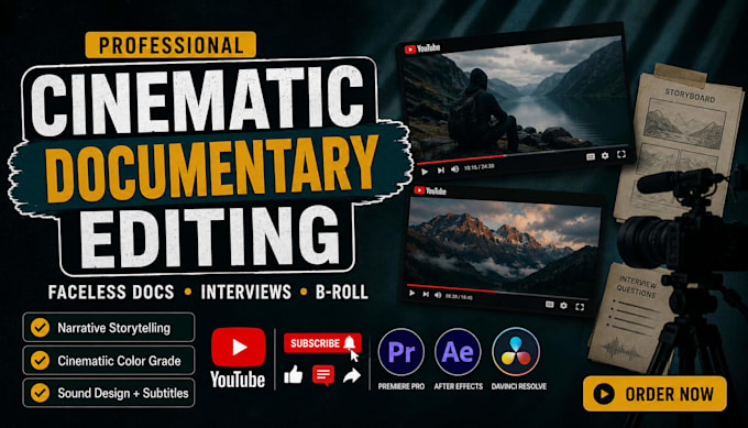 edit faceless youtube documentary videos, interviews and cinematic b roll