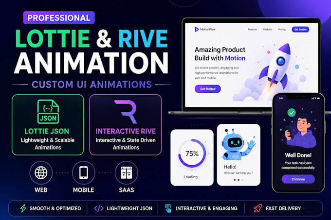 create custom lottie json and rive animations for websites and apps