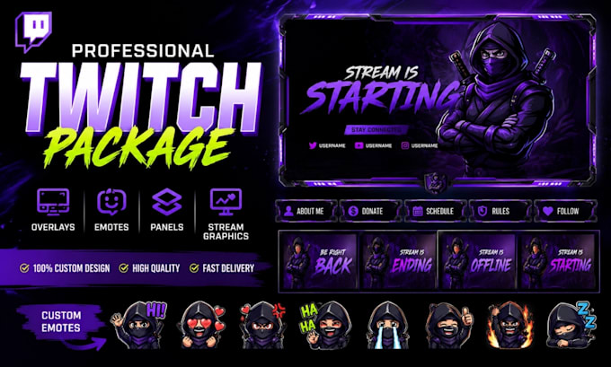 design a professional twitch package, overlay, emotes and stream graphics